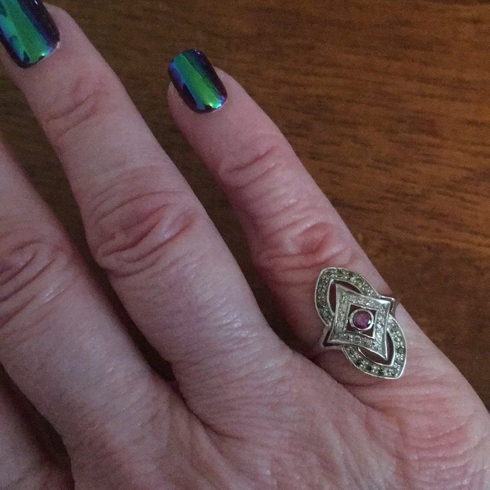 14kwg Ring with Purple, Green, White Diamonds - Picture 2 of 8